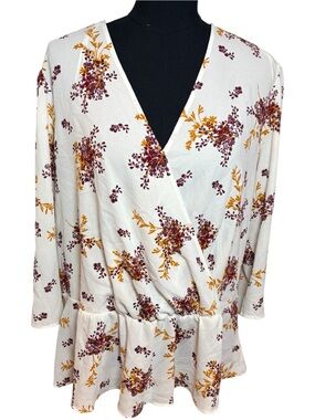 1.STATE Women’s 1X Floral Peplum‎ Blouse White V-Neck Wrap Style 3/4 Sleeve Top